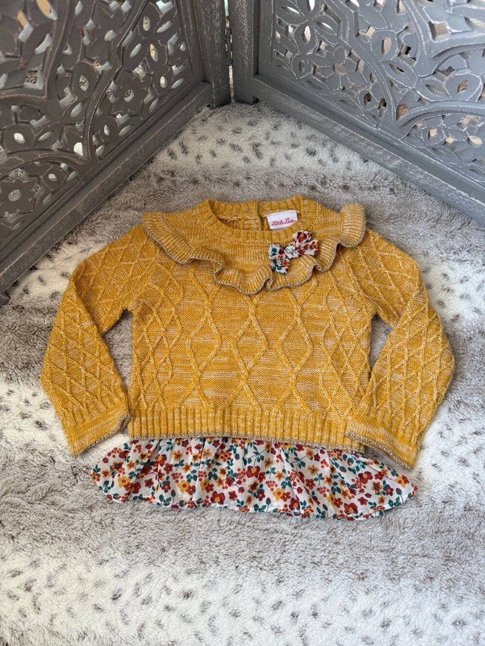 Little Lass gold cable knit sweater floral skirt girls 3T school girlhoodcore